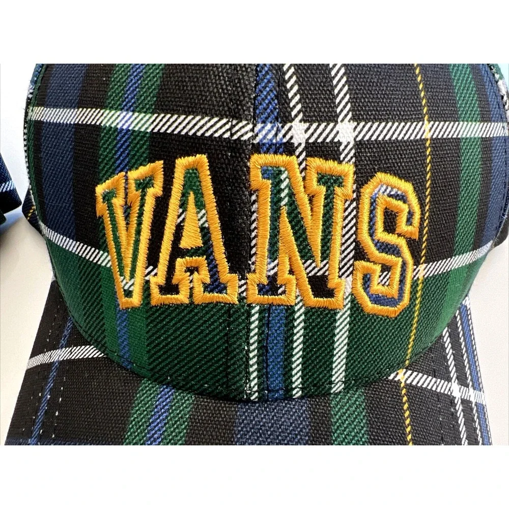 VANS LOGO STRUCTURED JOCKEY HAT BALL CAP PLAID GREEN UNISEX New